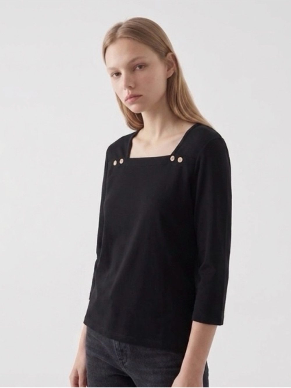 Anne Klein Sport Black Square Neck Top Gold Lion Detail Size M Cotton
